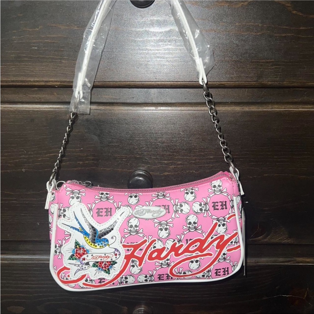 Ed Hardy Pink and White Skull Shoulder Bag